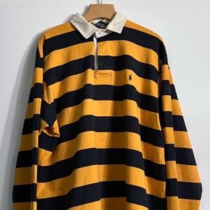 Vintage 90s Mens Polo Ralph Lauren Rugby Polo L/S Shirt Yellow Navy Striped, L